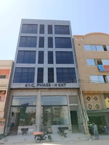550 SQFT office for rent in DHA Phase 2 Extension – brand new glass elevation building on Main Korangi Road with balcony and lift
