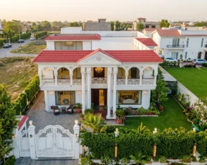 Luxury white bungalow exterior in DHA Phase 8 Karachi