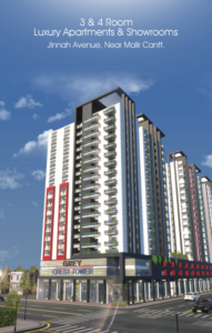Create a premium, ultra-realistic 16:9 featured image for UR Property showcasing Grey Crest Tower, Karachi. Display a modern high-rise residential tower with elegant glass architecture, landscaped entrance, rooftop garden, luxury lifestyle, families walking, soft golden-hour lighting, and a clean urban skyline. Add subtle branding with the UR Property logo in the top-right corner and the headline "Grey Crest Tower – Luxury Apartments on 48-Month Installments" using modern gold and white typography. The design should feel luxurious, trustworthy, and optimized for a real estate blog.