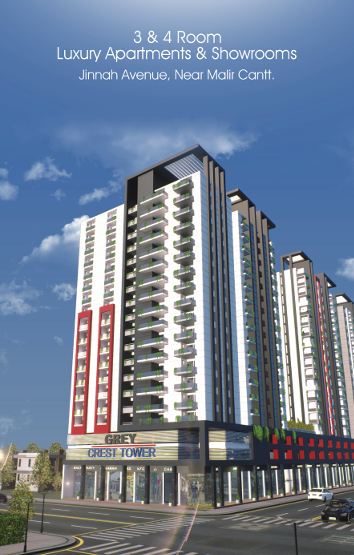Create a premium, ultra-realistic 16:9 featured image for UR Property showcasing Grey Crest Tower, Karachi. Display a modern high-rise residential tower with elegant glass architecture, landscaped entrance, rooftop garden, luxury lifestyle, families walking, soft golden-hour lighting, and a clean urban skyline. Add subtle branding with the UR Property logo in the top-right corner and the headline "Grey Crest Tower – Luxury Apartments on 48-Month Installments" using modern gold and white typography. The design should feel luxurious, trustworthy, and optimized for a real estate blog.