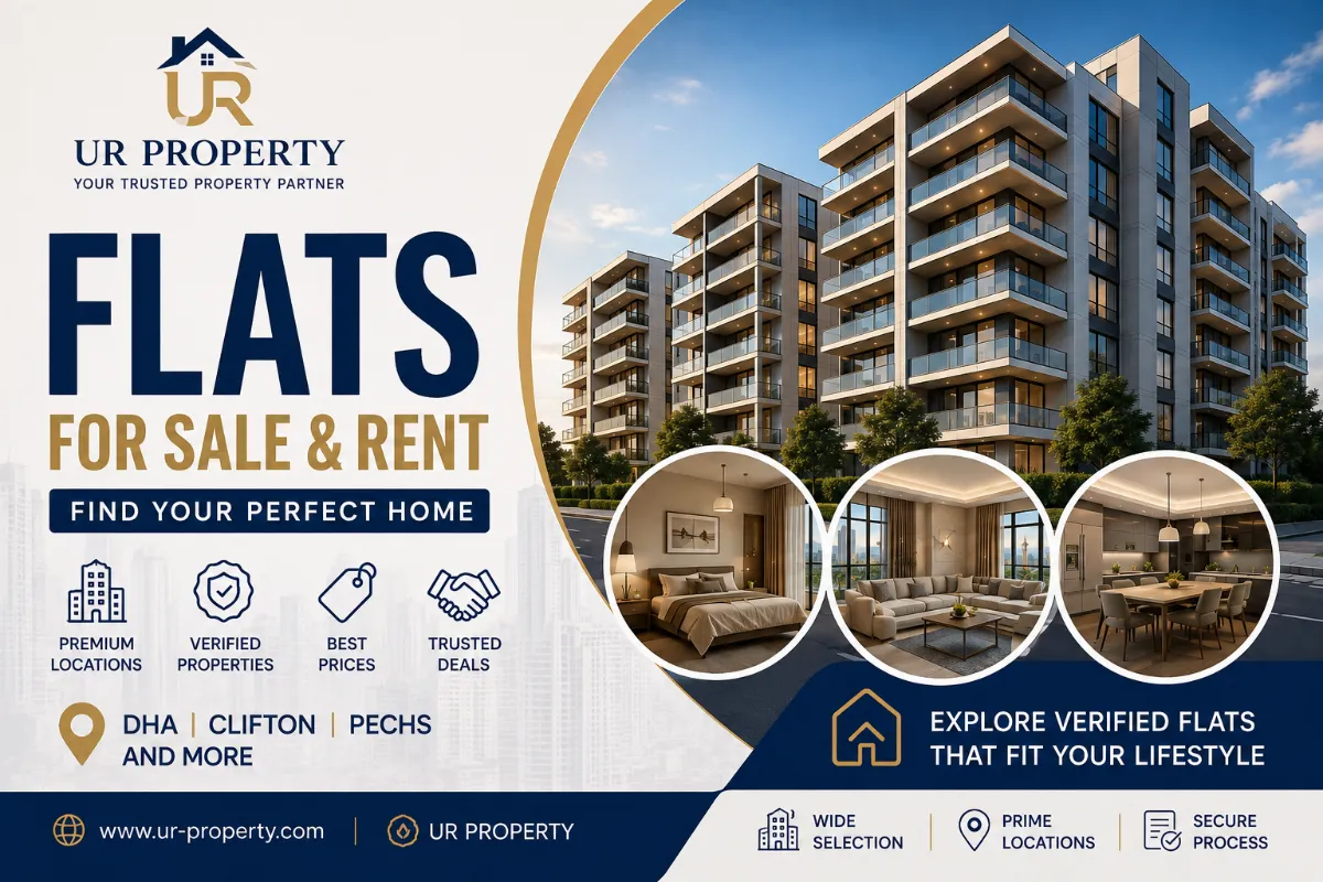 Modern multi-story apartment building exterior with modern flats, featuring Ur-Property logo and text reading Explore Top-Rated Flats.