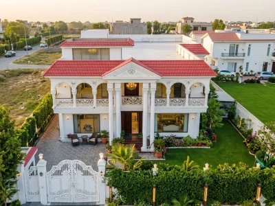 Luxury white bungalow exterior in DHA Phase 8 Karachi