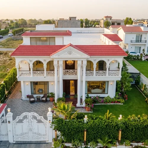 Luxury white bungalow exterior in DHA Phase 8 Karachi