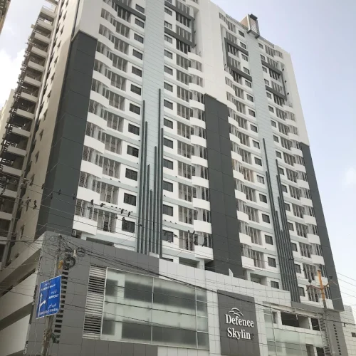 Front view of 3-bedroom apartment in Defense Skyline, Defence View Karachi with lift and car parking