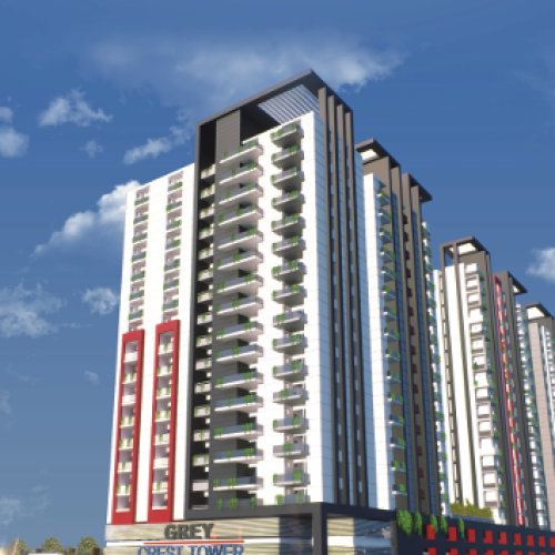 Create a premium, ultra-realistic 16:9 featured image for UR Property showcasing Grey Crest Tower, Karachi. Display a modern high-rise residential tower with elegant glass architecture, landscaped entrance, rooftop garden, luxury lifestyle, families walking, soft golden-hour lighting, and a clean urban skyline. Add subtle branding with the UR Property logo in the top-right corner and the headline "Grey Crest Tower – Luxury Apartments on 48-Month Installments" using modern gold and white typography. The design should feel luxurious, trustworthy, and optimized for a real estate blog.