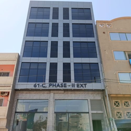 550 SQFT office for rent in DHA Phase 2 Extension – brand new glass elevation building on Main Korangi Road with balcony and lift