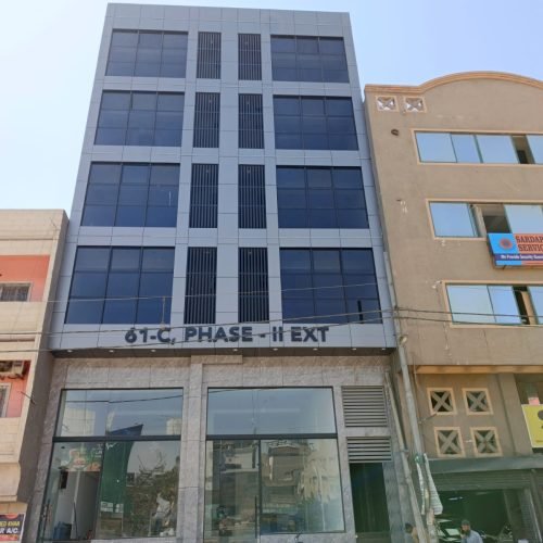 550 SQFT office for rent in DHA Phase 2 Extension – brand new glass elevation building on Main Korangi Road with balcony and lift
