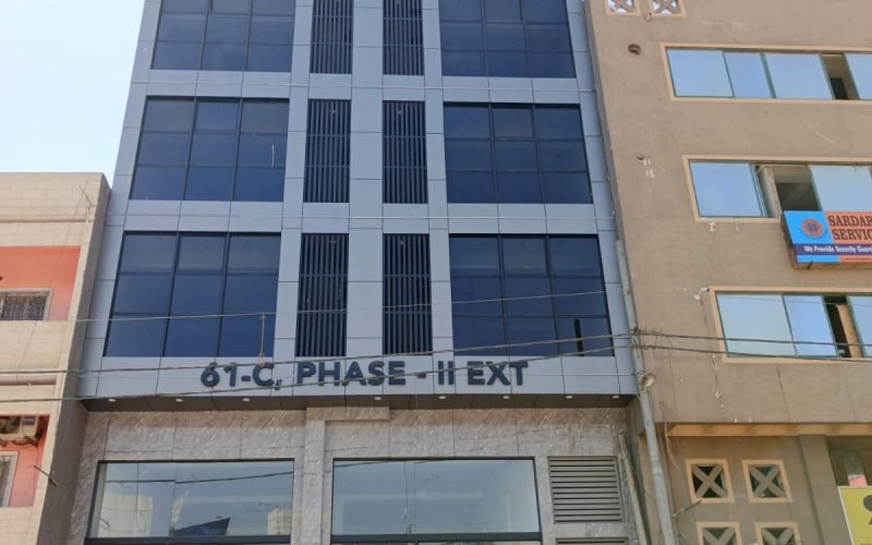 550 SQFT office for rent in DHA Phase 2 Extension – brand new glass elevation building on Main Korangi Road with balcony and lift
