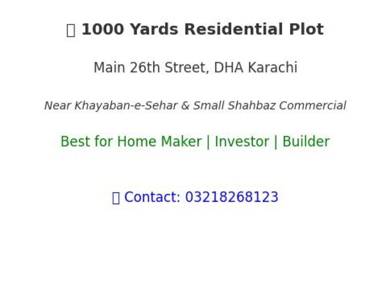 1000 Yards Residential Plot for Sale on Main 26th Street DHA Phase 6 Karachi